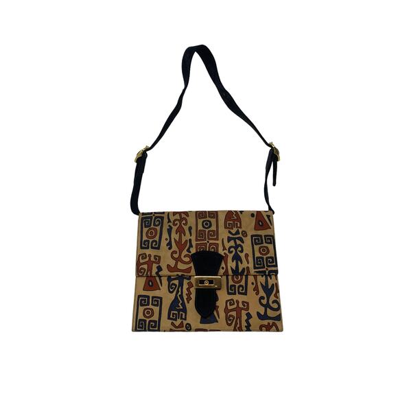 Saks Fifth Avenue Black Multicolor Suede Print Buckle Closure Purse - Picture 13 of 14